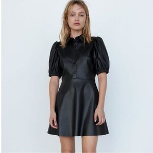 NWT ZARA Bloggers WOMAN FAUX LEATHER MINI DRESS PUFF SLEEVES Size S